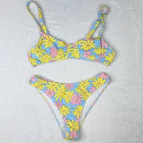 Shien Bikinx Bikini Swimsuit XS Blue Yellow Floral High Cut Cheeky Beach Summer - Picture 2 of 11